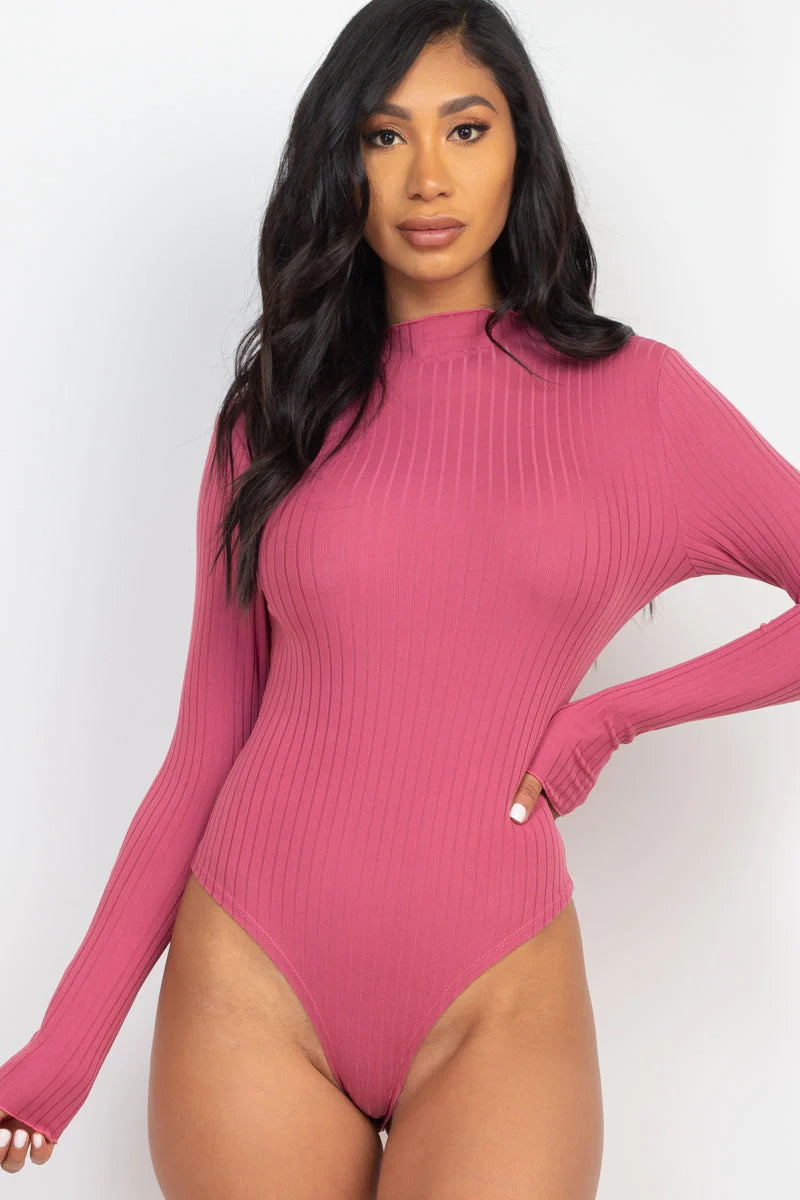 Ribbed Lettuce Edge Mock Neck Long Sleeve Bodysuit (CAPELLA)