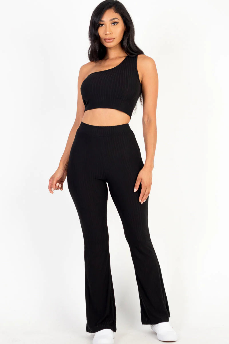 Ribbed One Shoulder Crop Top & Flared Pants Set (CAPELLA)