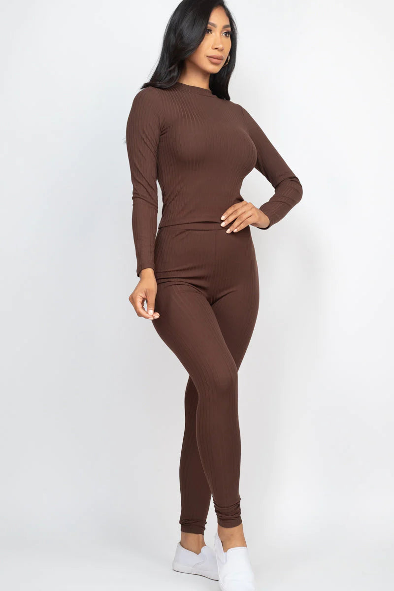 Ribbed Mock Neck Long Sleeve Top & Leggings Set (CAPELLA)