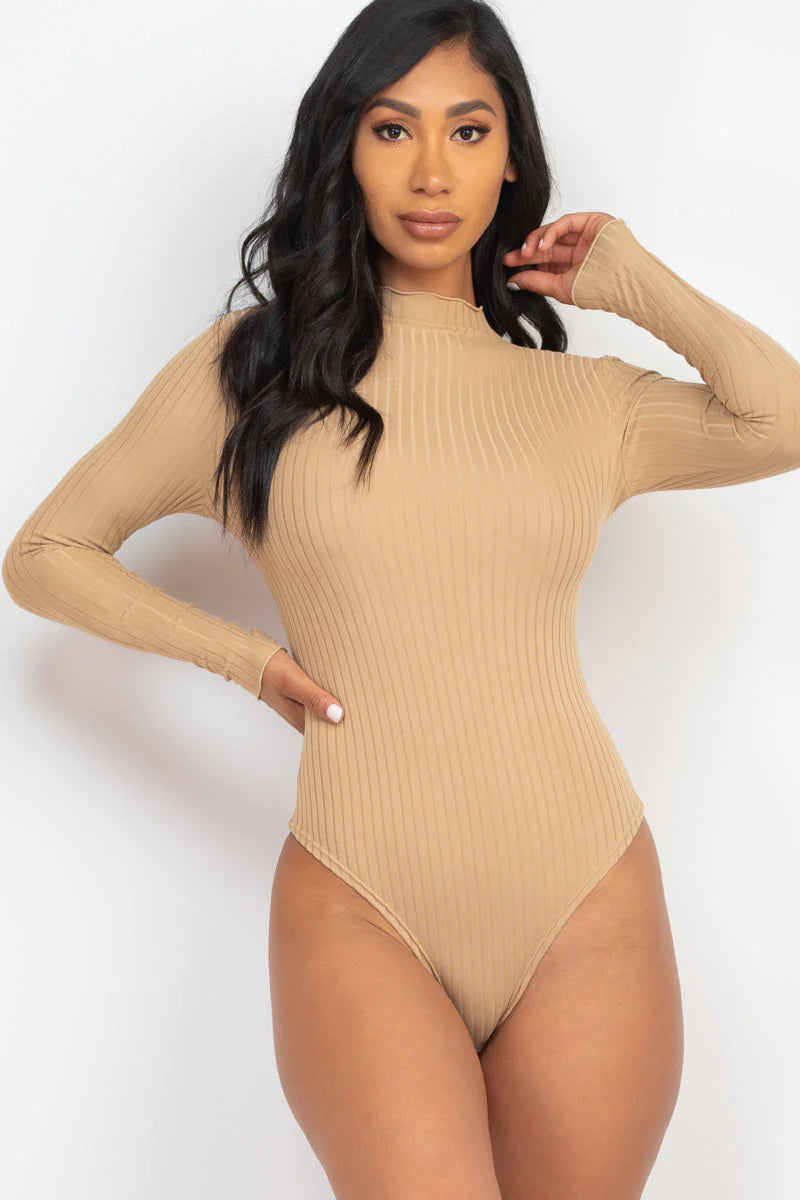 Ribbed Lettuce Edge Mock Neck Long Sleeve Bodysuit (CAPELLA)