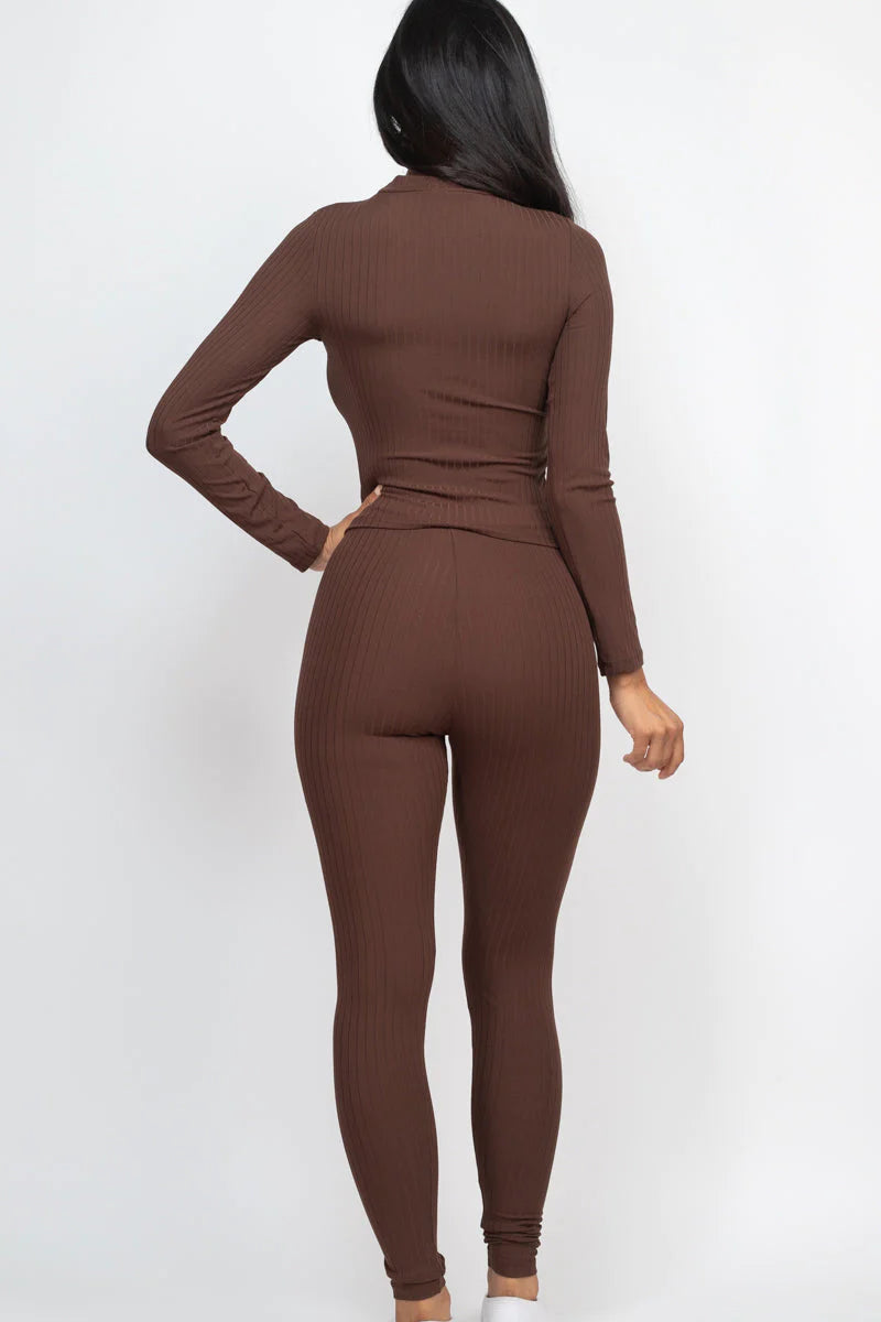 Ribbed Mock Neck Long Sleeve Top & Leggings Set (CAPELLA)