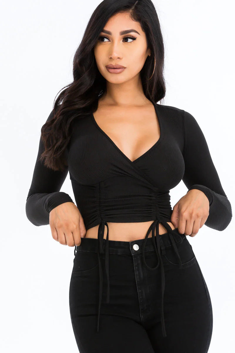 Ribbed Drawstring Long Sleeve Crop Top (CAPELLA)