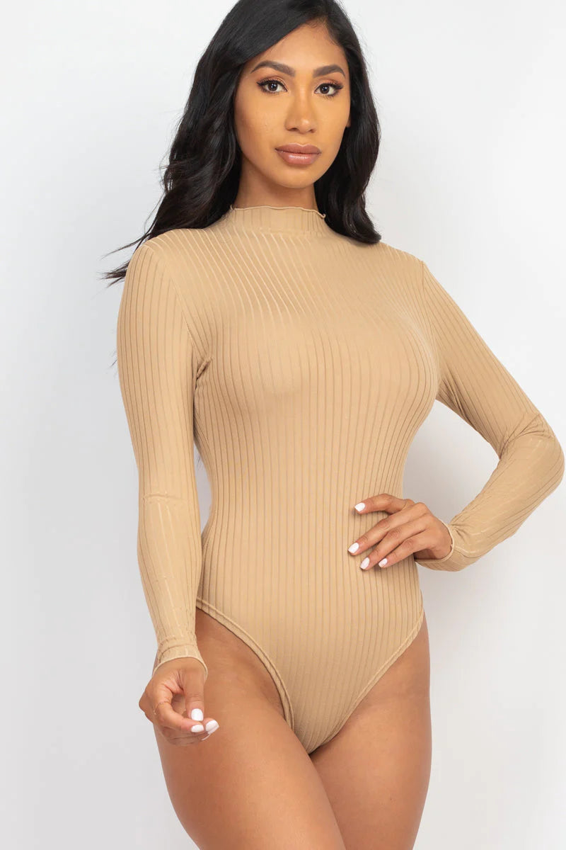 Ribbed Lettuce Edge Mock Neck Long Sleeve Bodysuit (CAPELLA)