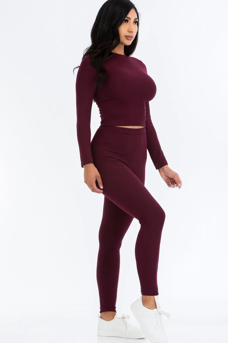 Ribbed Mock Neck Long Sleeve Top & Leggings Set (CAPELLA)