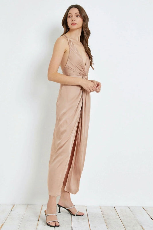  "Chic Front Twist Tie-Back Slip Dress with Elegant Slit"