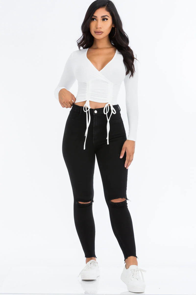 Ribbed Drawstring Long Sleeve Crop Top (CAPELLA)