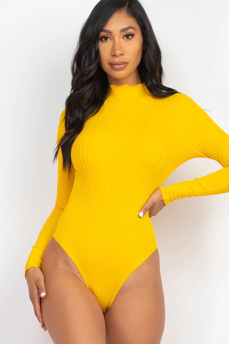 Ribbed Lettuce Edge Mock Neck Long Sleeve Bodysuit (CAPELLA)