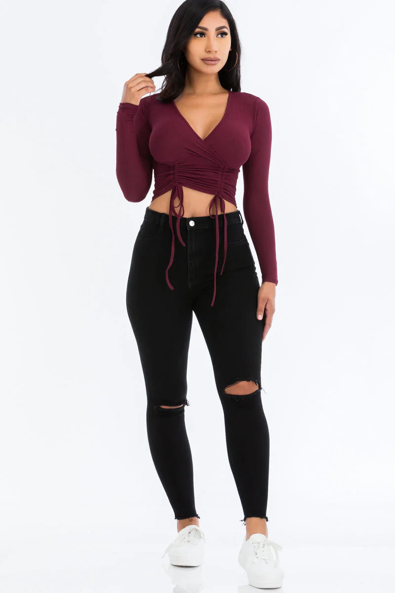 Ribbed Drawstring Long Sleeve Crop Top (CAPELLA)