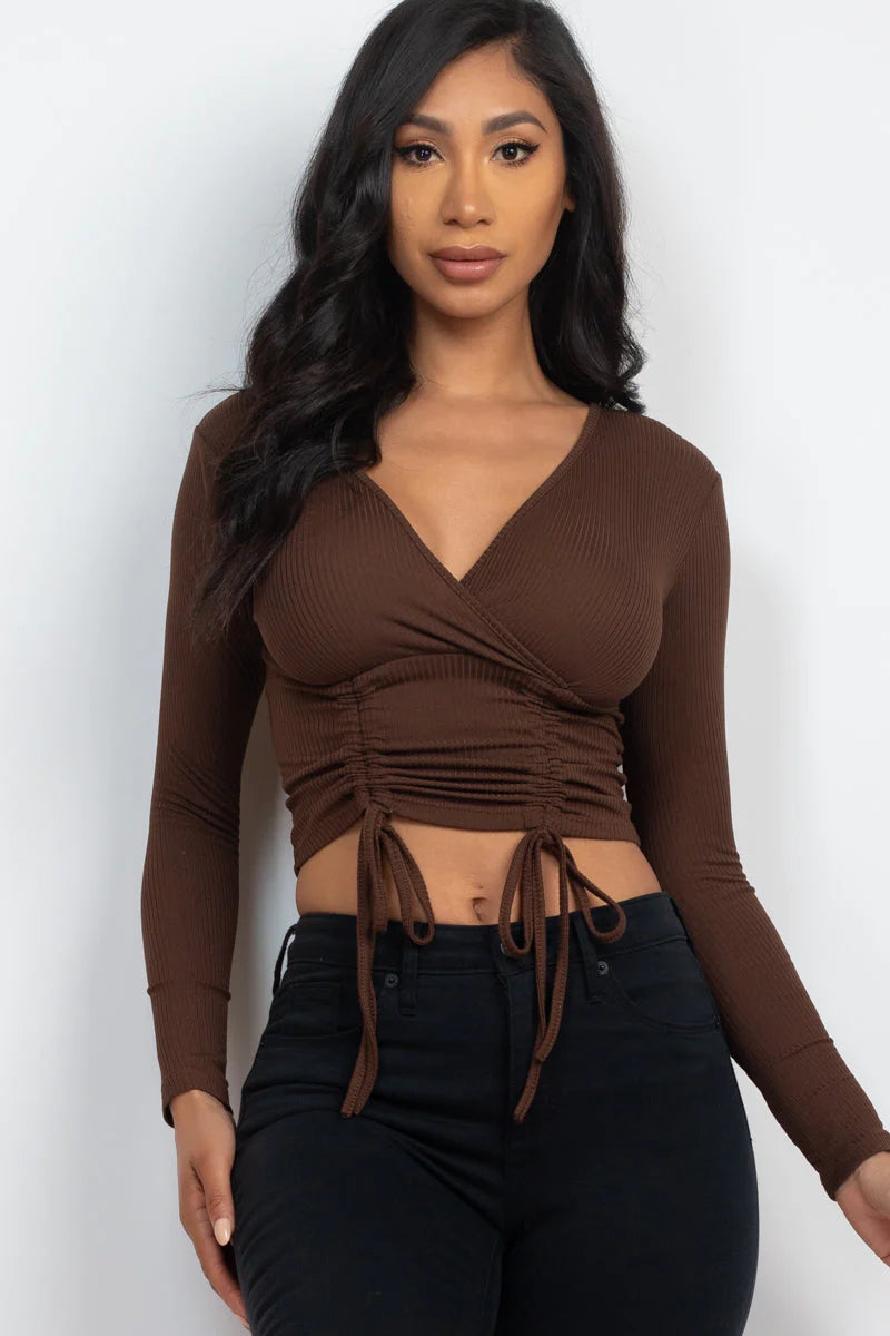 Ribbed Drawstring Long Sleeve Crop Top (CAPELLA)