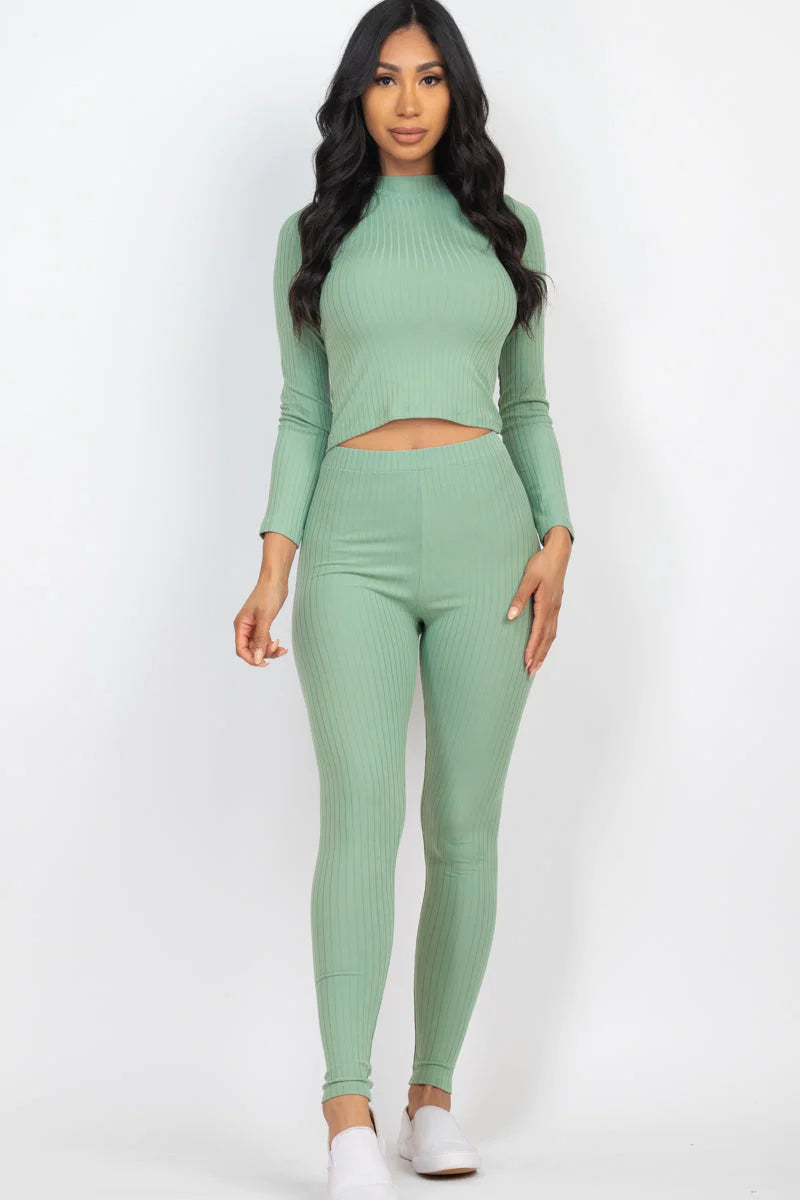 Ribbed Mock Neck Long Sleeve Top & Leggings Set (CAPELLA)