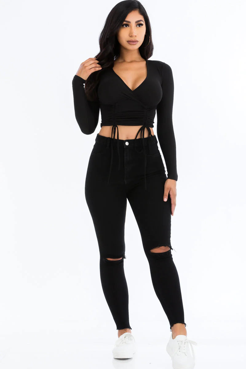 Ribbed Drawstring Long Sleeve Crop Top (CAPELLA)