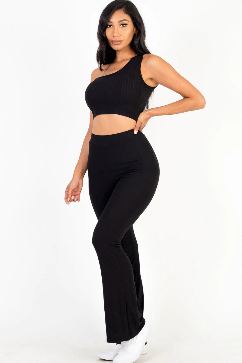 Ribbed One Shoulder Crop Top & Flared Pants Set (CAPELLA)