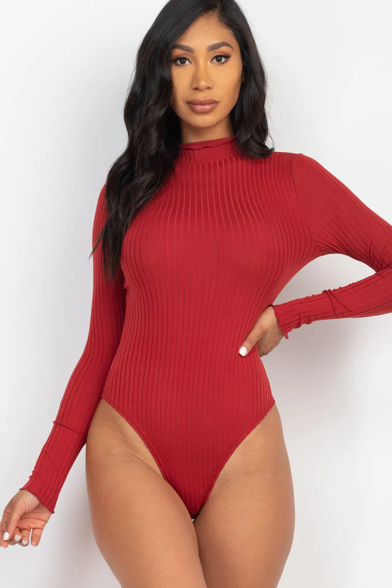 Ribbed Lettuce Edge Mock Neck Long Sleeve Bodysuit (CAPELLA)