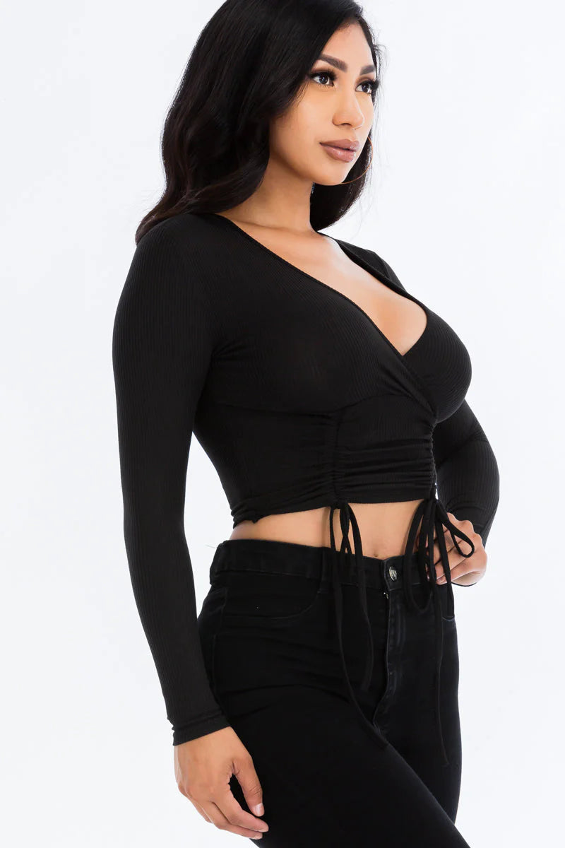 Ribbed Drawstring Long Sleeve Crop Top (CAPELLA)