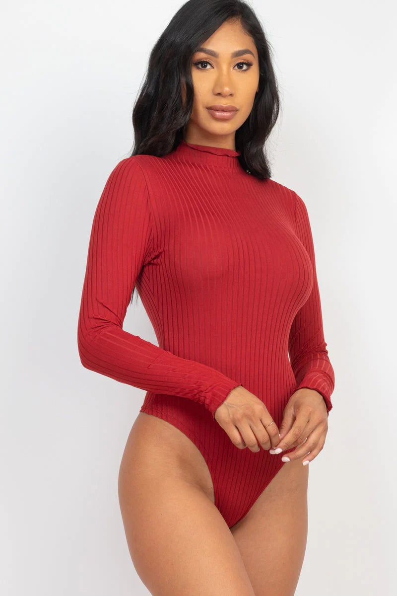 Ribbed Lettuce Edge Mock Neck Long Sleeve Bodysuit (CAPELLA)