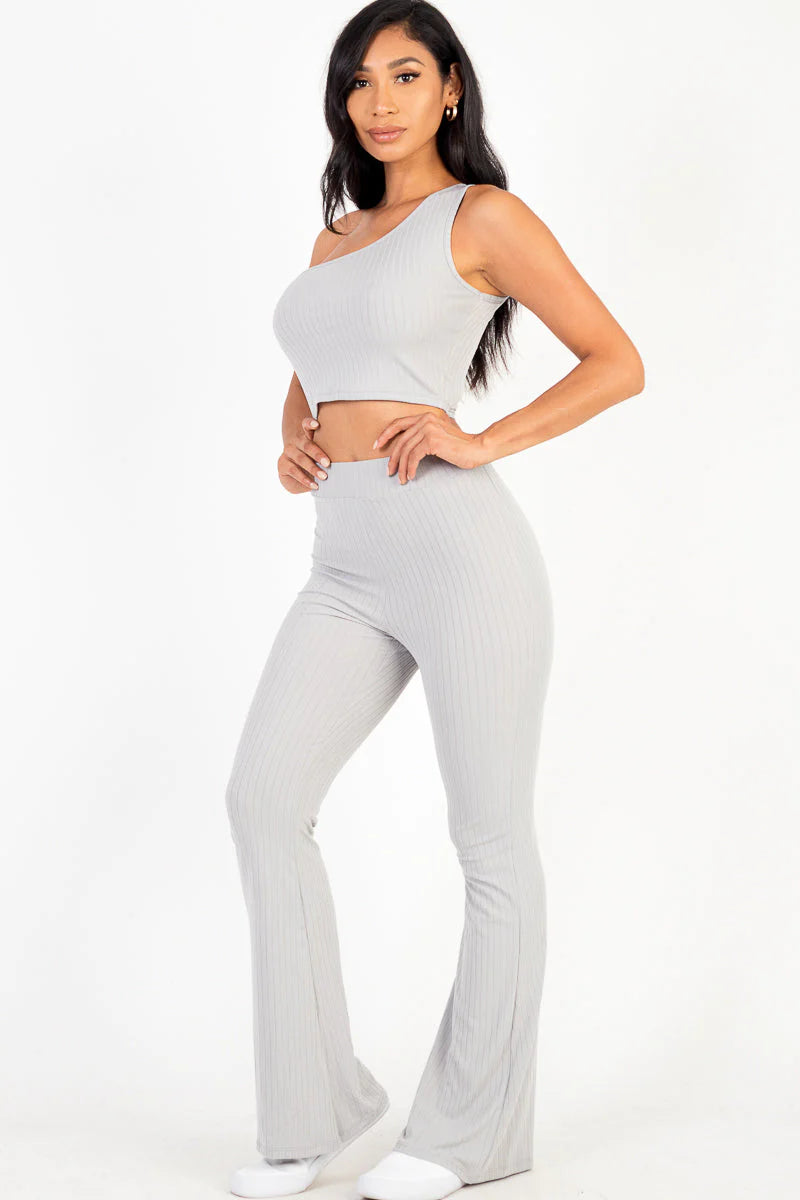 Ribbed One Shoulder Crop Top & Flared Pants Set (CAPELLA)