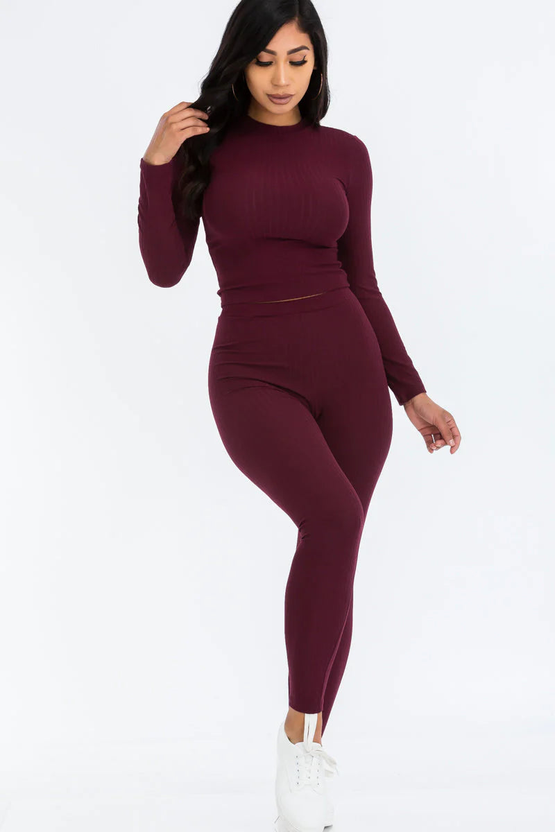 Ribbed Mock Neck Long Sleeve Top & Leggings Set (CAPELLA)