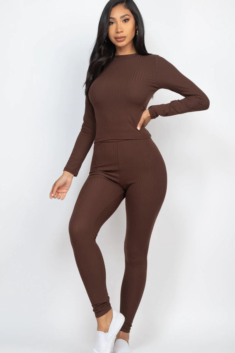 Ribbed Mock Neck Long Sleeve Top & Leggings Set (CAPELLA)