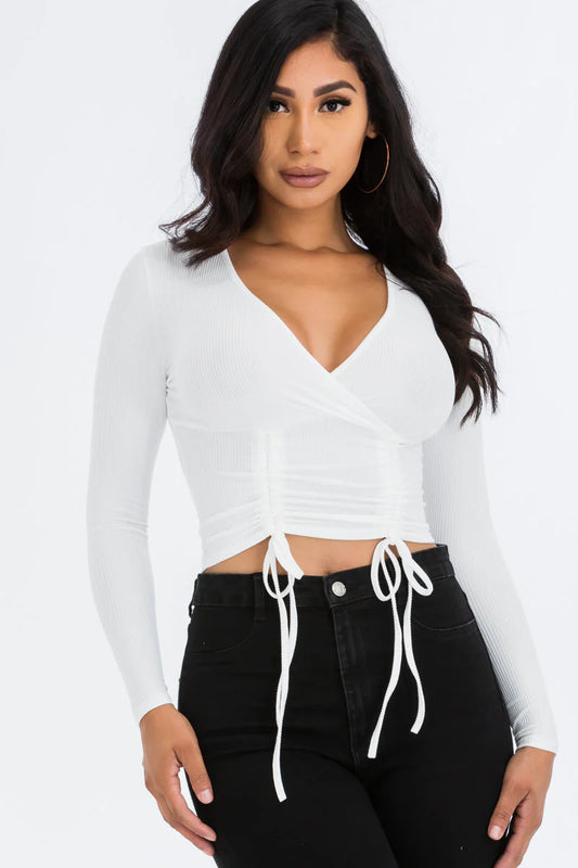 Ribbed Drawstring Long Sleeve Crop Top (CAPELLA)