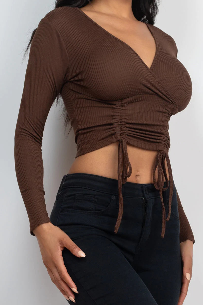 Ribbed Drawstring Long Sleeve Crop Top (CAPELLA)