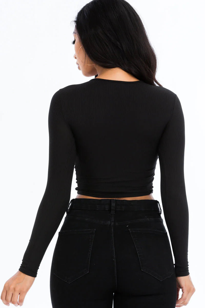 Ribbed Drawstring Long Sleeve Crop Top (CAPELLA)