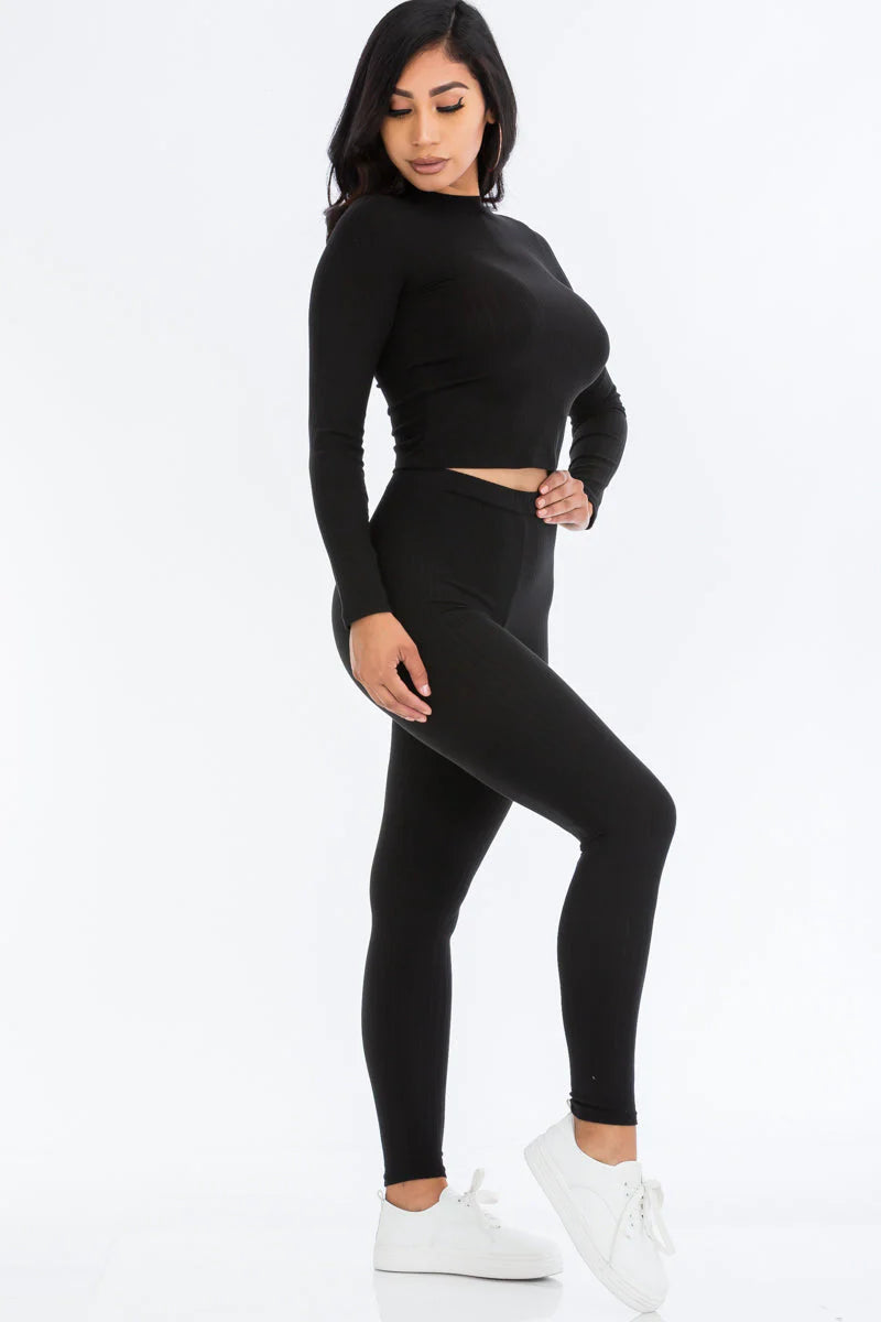 Ribbed Mock Neck Long Sleeve Top & Leggings Set (CAPELLA)