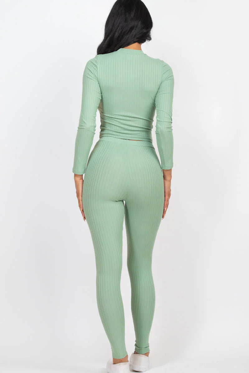 Ribbed Mock Neck Long Sleeve Top & Leggings Set (CAPELLA)