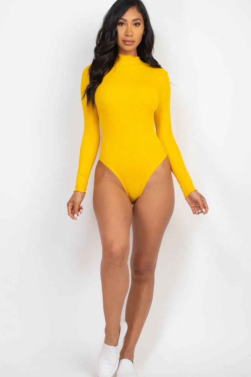 Ribbed Lettuce Edge Mock Neck Long Sleeve Bodysuit (CAPELLA)