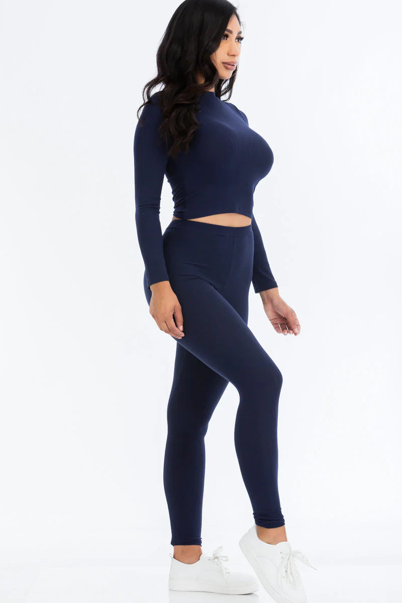 Ribbed Mock Neck Long Sleeve Top & Leggings Set (CAPELLA)