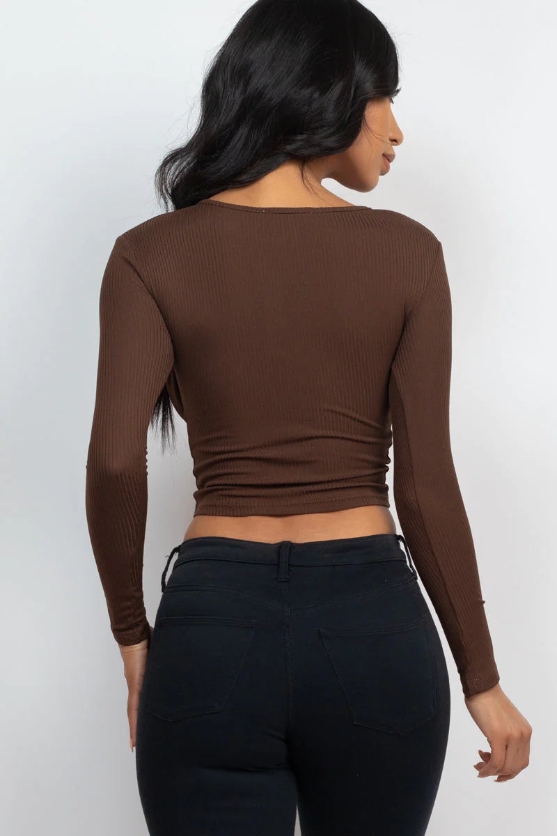 Ribbed Drawstring Long Sleeve Crop Top (CAPELLA)