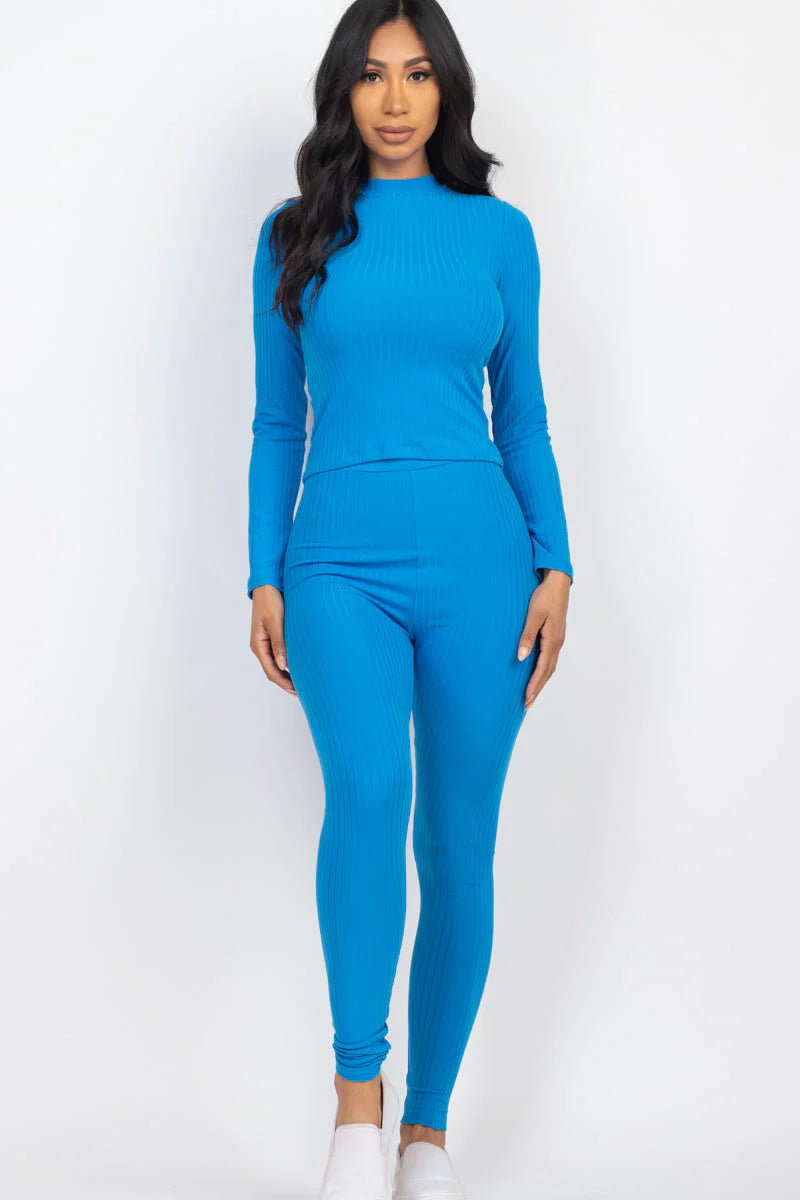 Ribbed Mock Neck Long Sleeve Top & Leggings Set (CAPELLA)