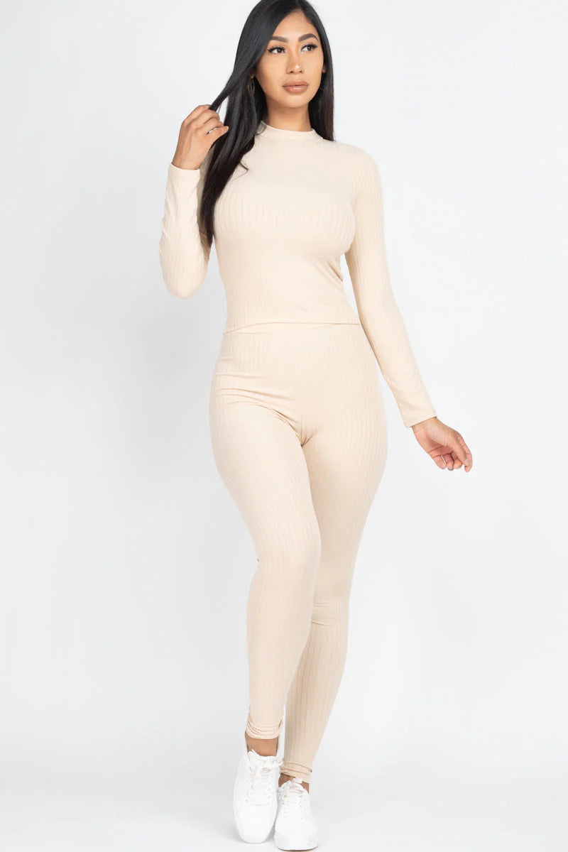 Ribbed Mock Neck Long Sleeve Top & Leggings Set (CAPELLA)