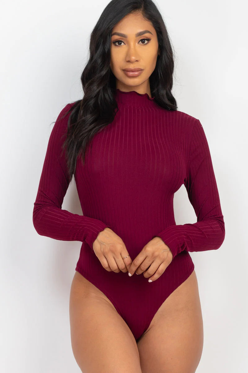 Ribbed Lettuce Edge Mock Neck Long Sleeve Bodysuit (CAPELLA)