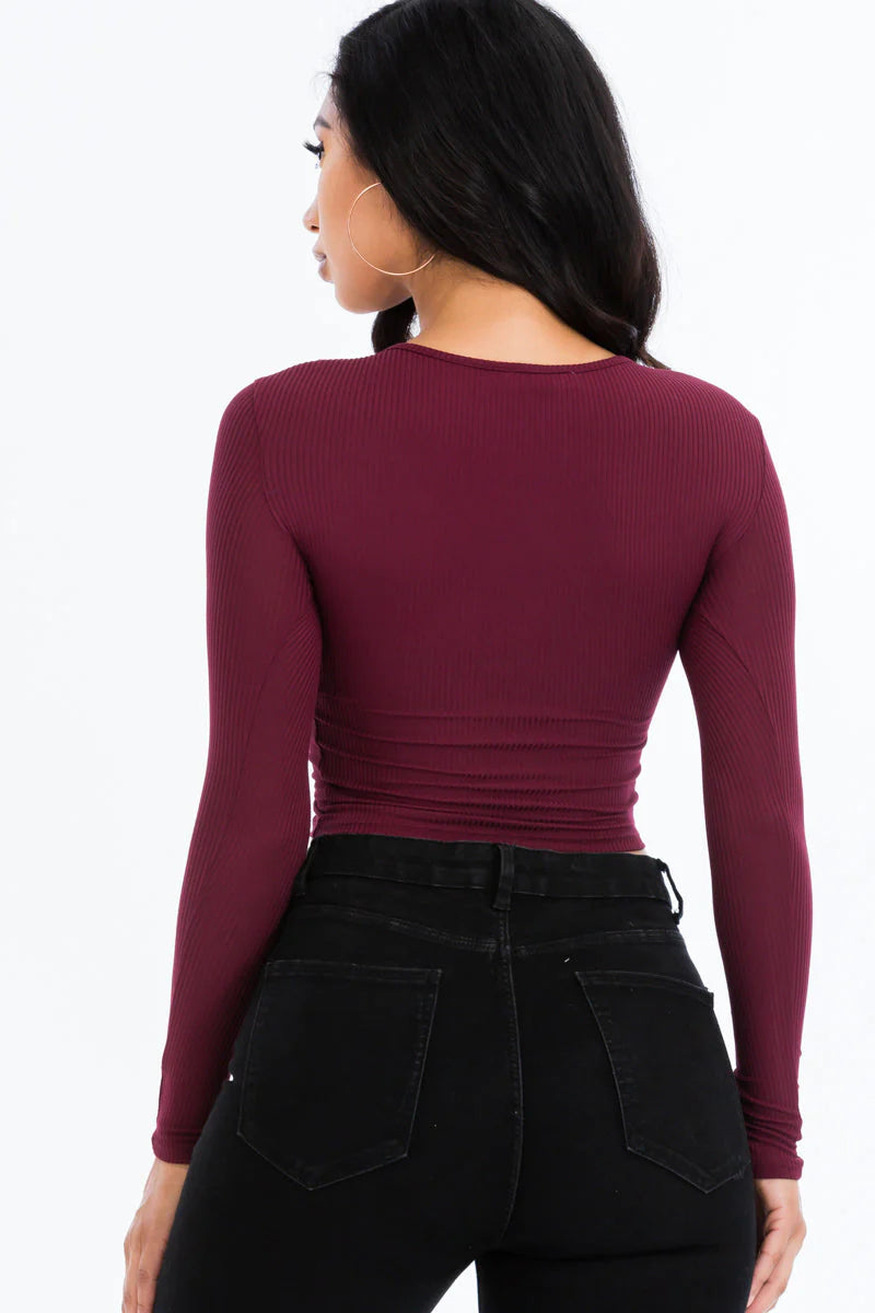 Ribbed Drawstring Long Sleeve Crop Top (CAPELLA)