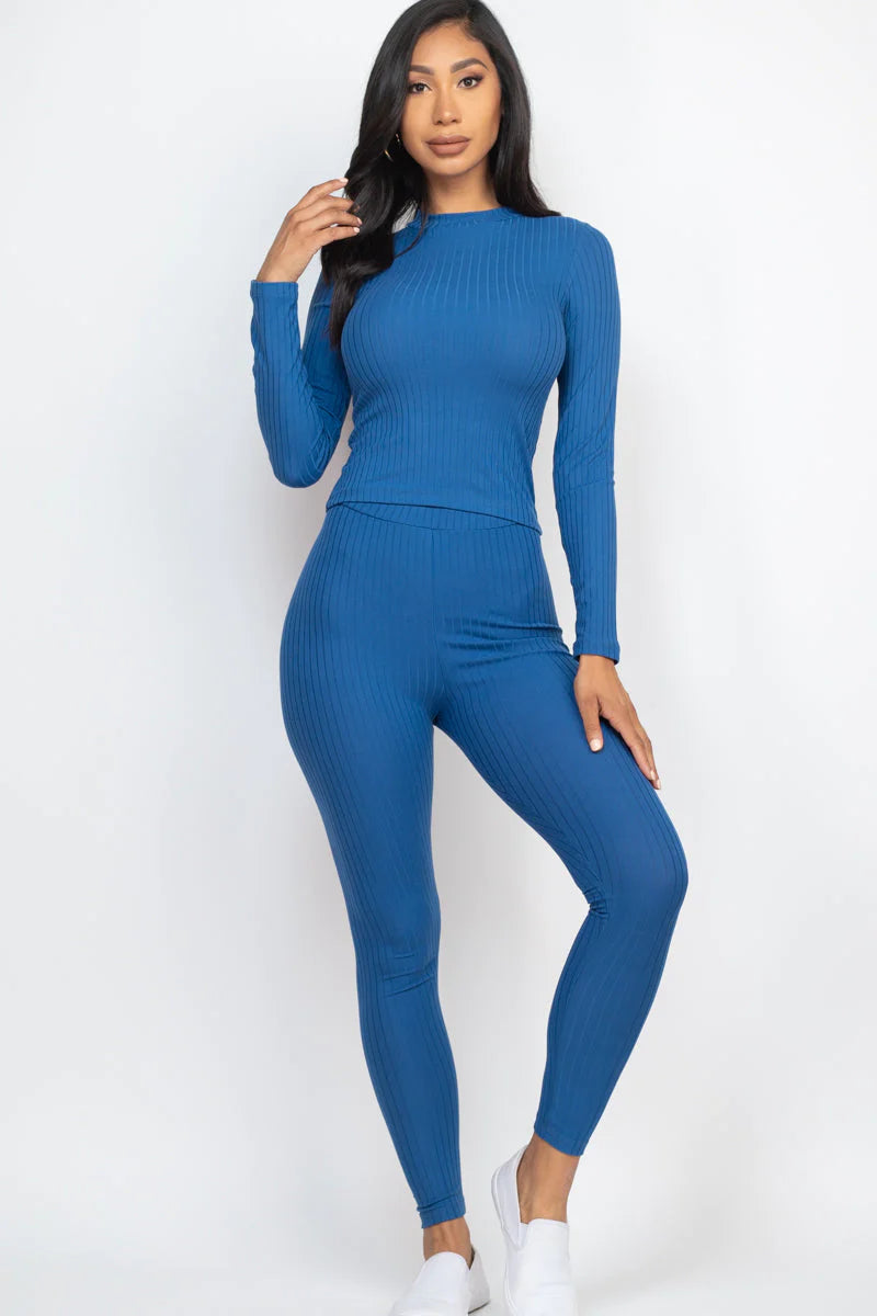 Ribbed Mock Neck Long Sleeve Top & Leggings Set (CAPELLA)