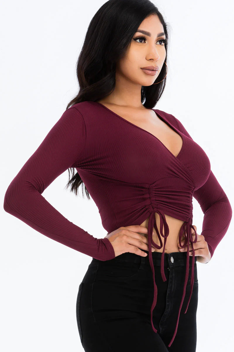 Ribbed Drawstring Long Sleeve Crop Top (CAPELLA)