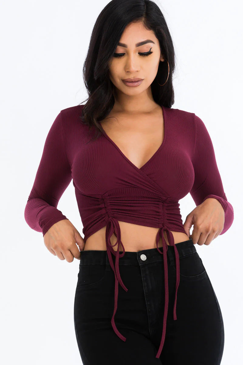 Ribbed Drawstring Long Sleeve Crop Top (CAPELLA)