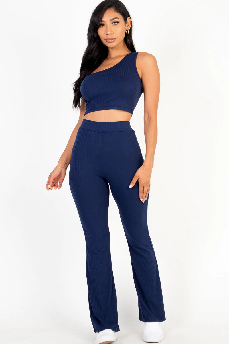 Ribbed One Shoulder Crop Top & Flared Pants Set (CAPELLA)