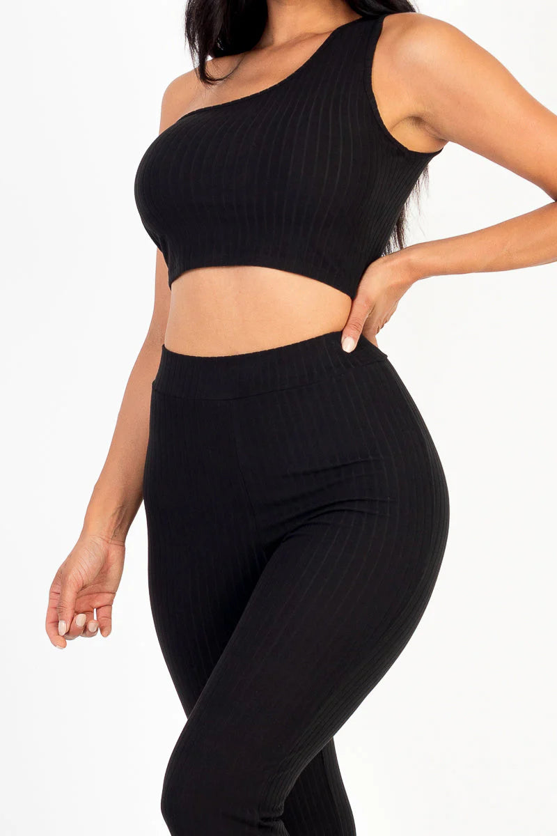 Ribbed One Shoulder Crop Top & Flared Pants Set (CAPELLA)