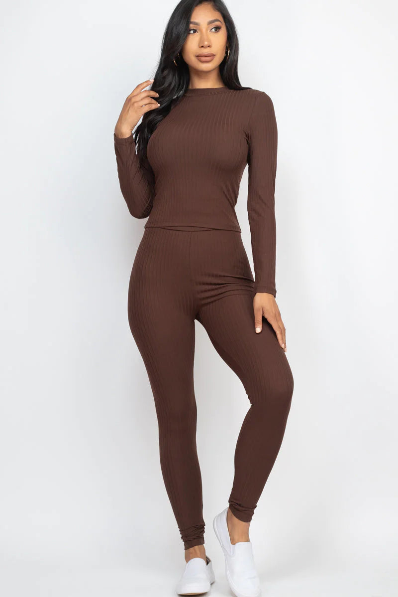 Ribbed Mock Neck Long Sleeve Top & Leggings Set (CAPELLA)