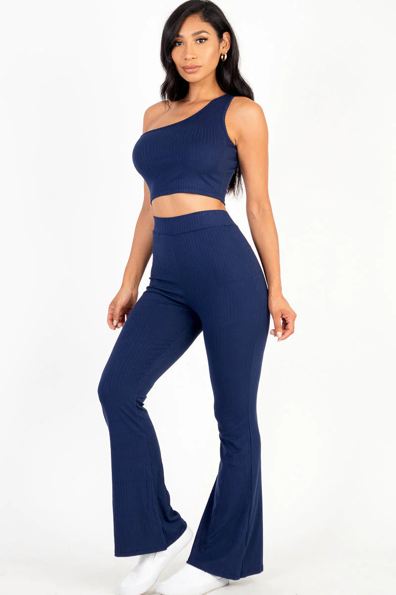 Ribbed One Shoulder Crop Top & Flared Pants Set (CAPELLA)