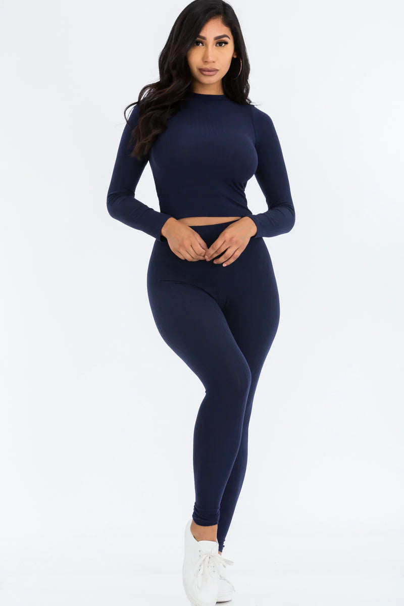 Ribbed Mock Neck Long Sleeve Top & Leggings Set (CAPELLA)