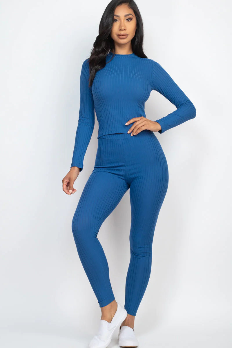 Ribbed Mock Neck Long Sleeve Top & Leggings Set (CAPELLA)