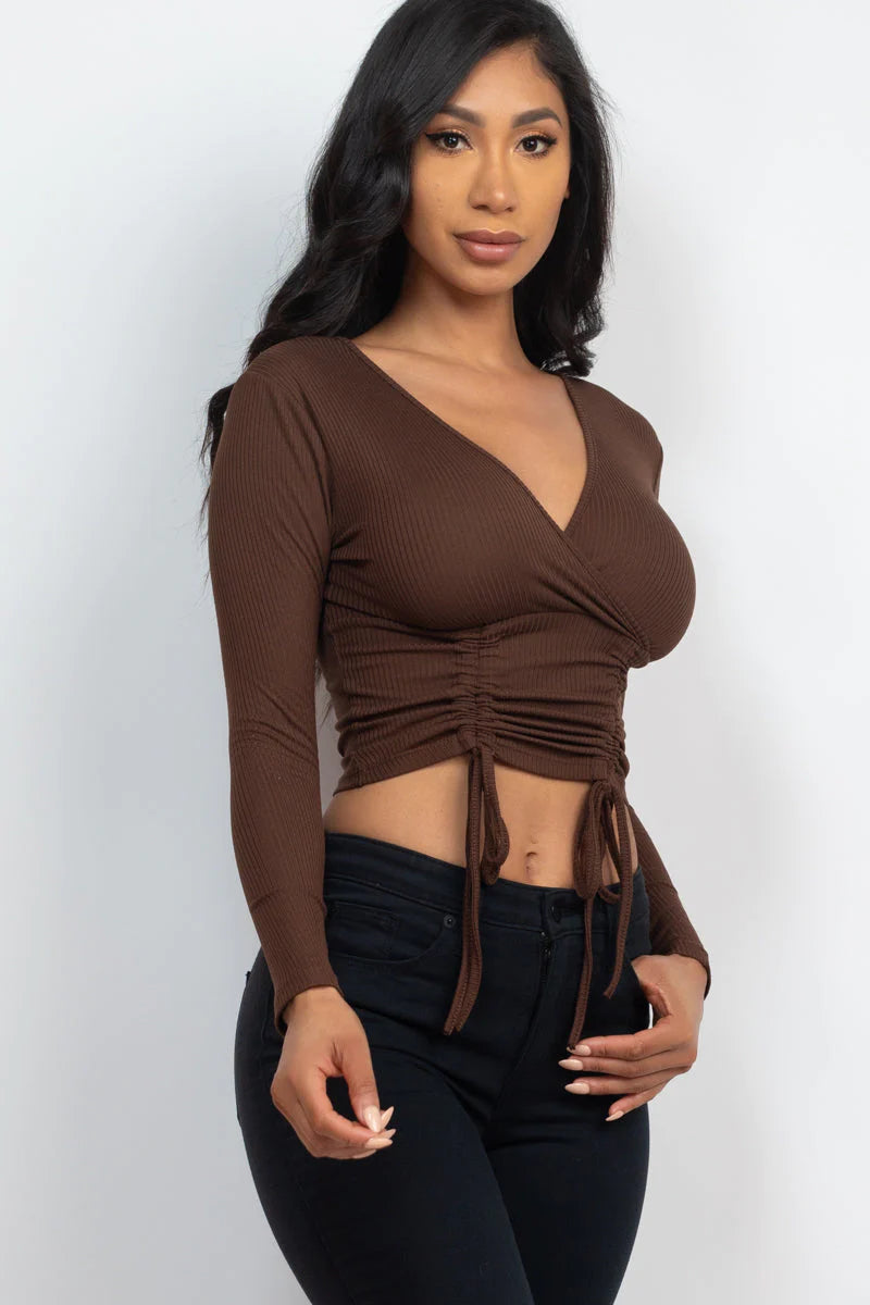 Ribbed Drawstring Long Sleeve Crop Top (CAPELLA)