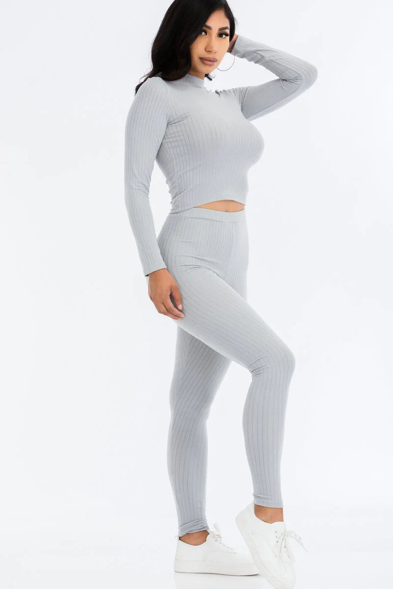 Ribbed Mock Neck Long Sleeve Top & Leggings Set (CAPELLA)