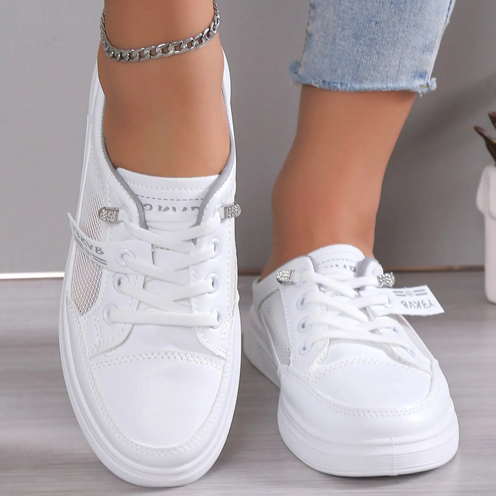 White Shoes for Women Slip-On Thick Soles Mesh Surface Sneakers Breathability Casual Comfort Air Mesh Shoes Platform Footwear