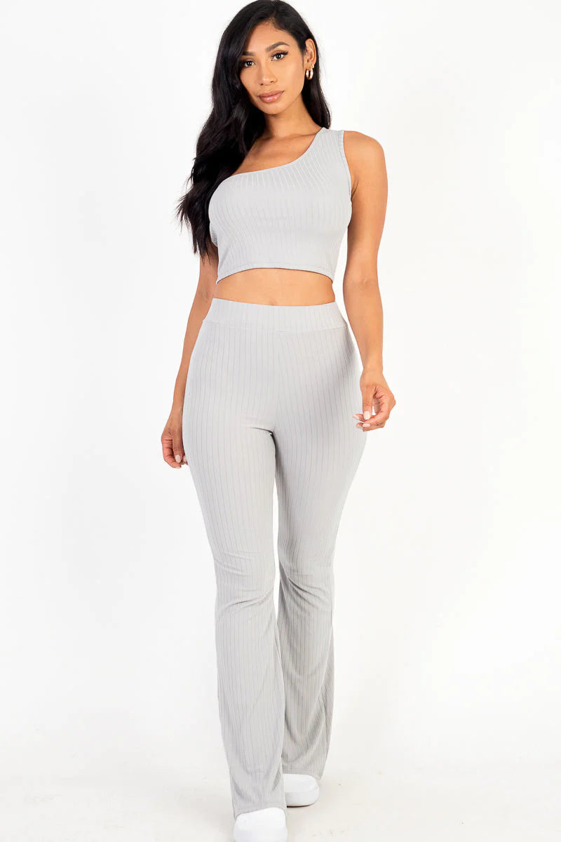 Ribbed One Shoulder Crop Top & Flared Pants Set (CAPELLA)