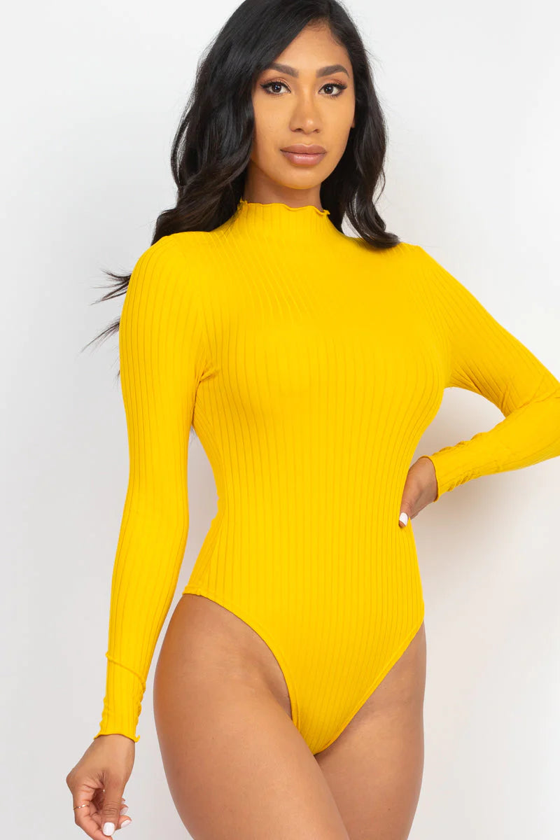 Ribbed Lettuce Edge Mock Neck Long Sleeve Bodysuit (CAPELLA)