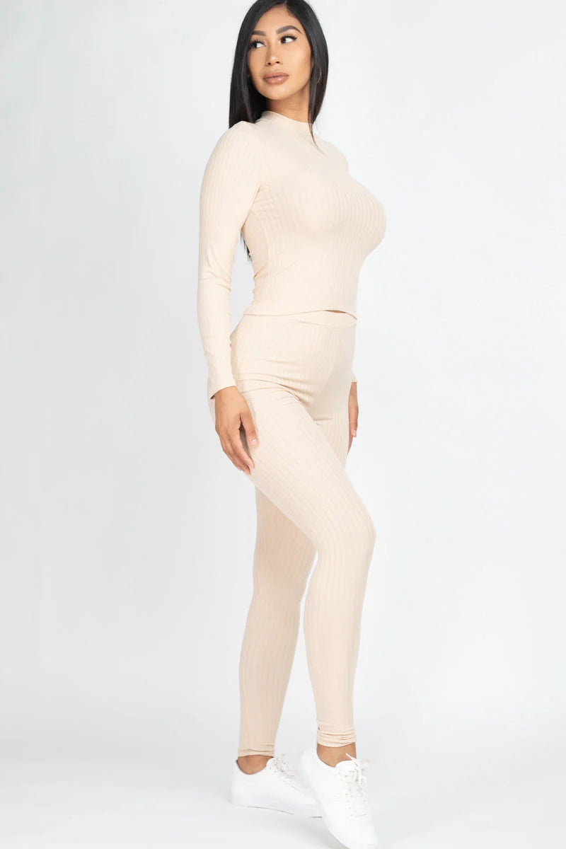 Ribbed Mock Neck Long Sleeve Top & Leggings Set (CAPELLA)