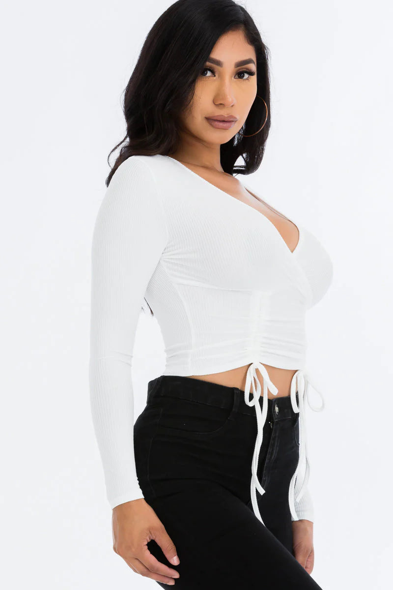 Ribbed Drawstring Long Sleeve Crop Top (CAPELLA)